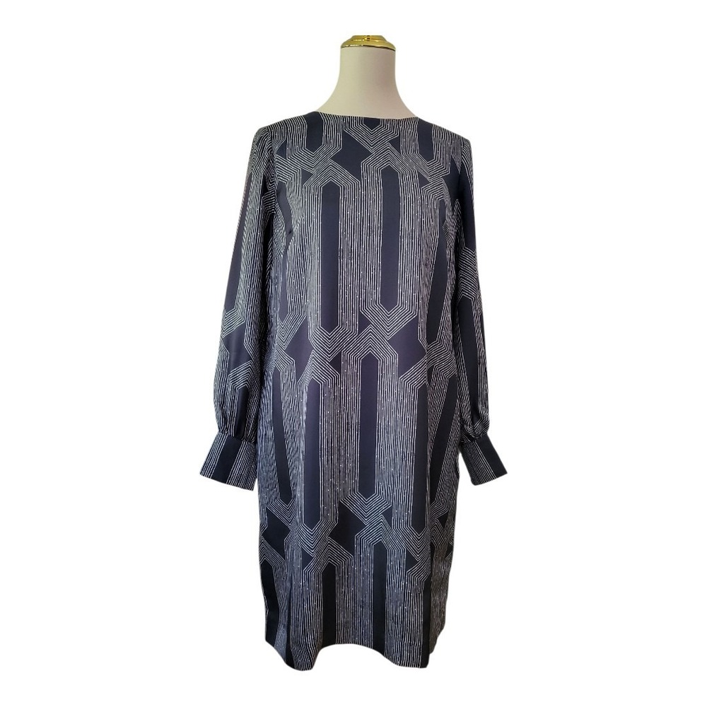 JAEGER Pure Silk Geometric Shift Midi Dress Blue & White Womens Size 10